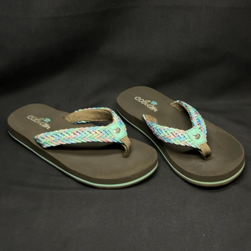 Cobian Sandals Girls Brown Multicolor Braided Flip Flops Heart Comfort Sole